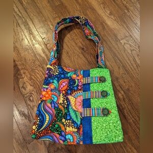 Artisan handcrafted, Psychedelic vibrant colourful quilted shoulder bag